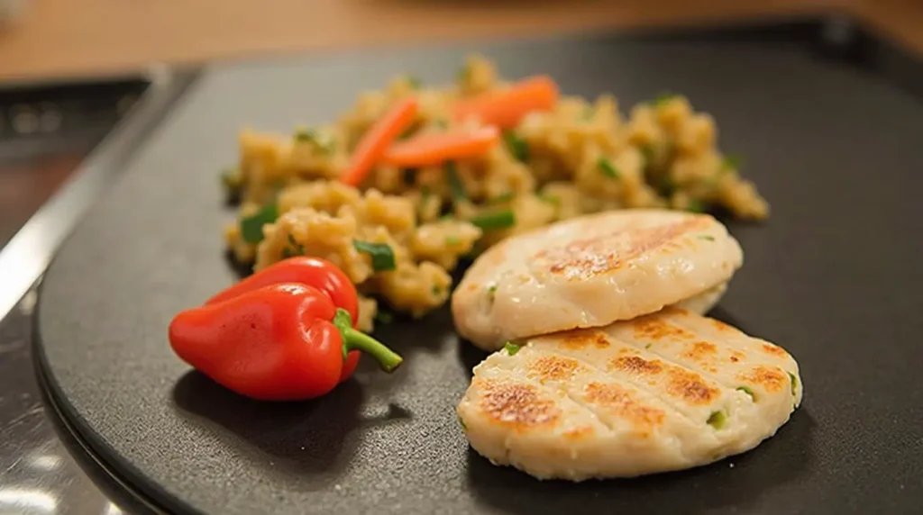 Grilled chicken patties served with stir-fried rice, vegetables, and a bright red mini pepper on a hot plate