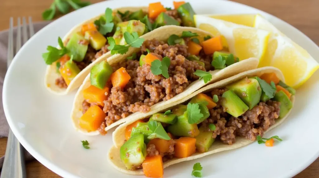 Puerto Rican tacos filled with seasoned ground beef, avocado, and diced carrots, garnished with fresh cilantro and served with lemon wedges