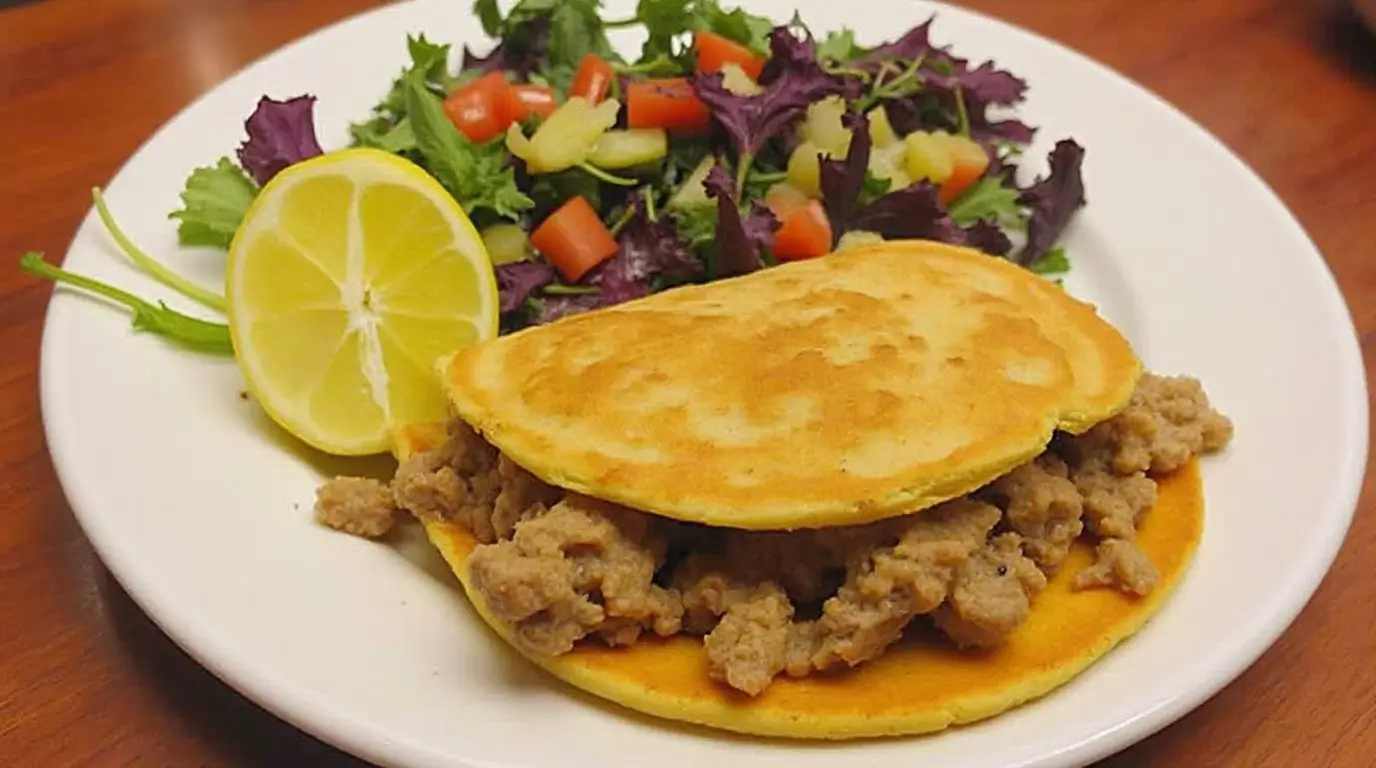 Traditional Puerto Rican arepas filled with ground beef, served with a fresh garden salad and lemon wedges