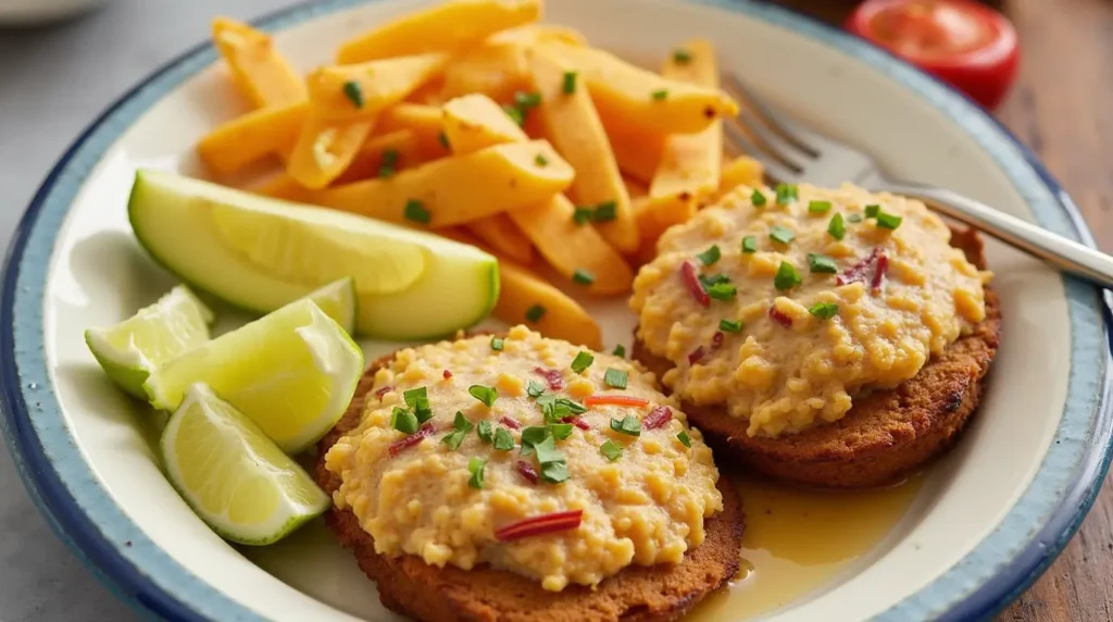 Puerto Rican tostones topped with creamy crab salad, served with fries and lime wedges on a colorful plate