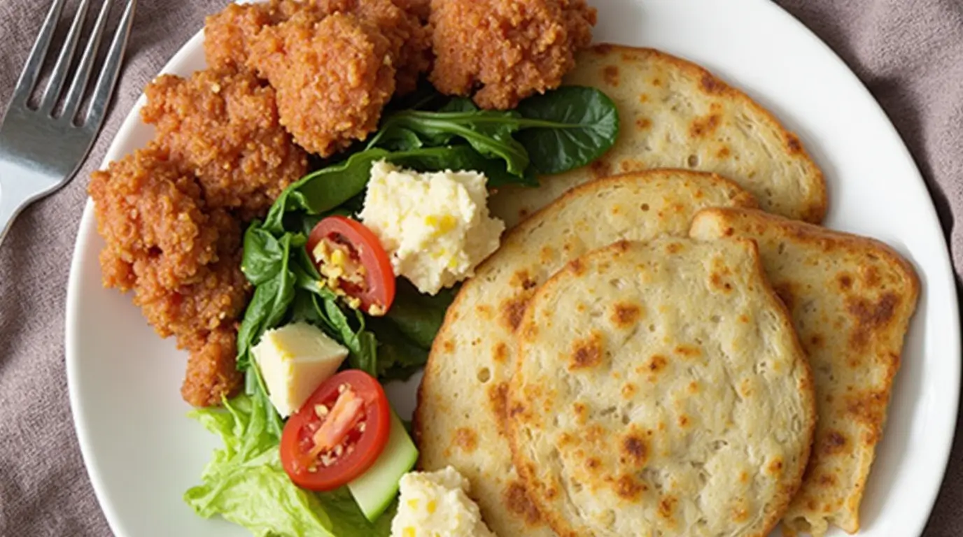 A plate of crispy breaded chicken pieces, fluffy golden flatbreads, and a fresh side salad with leafy greens, cherry tomatoes, cucumber, and dollops of creamy cheese