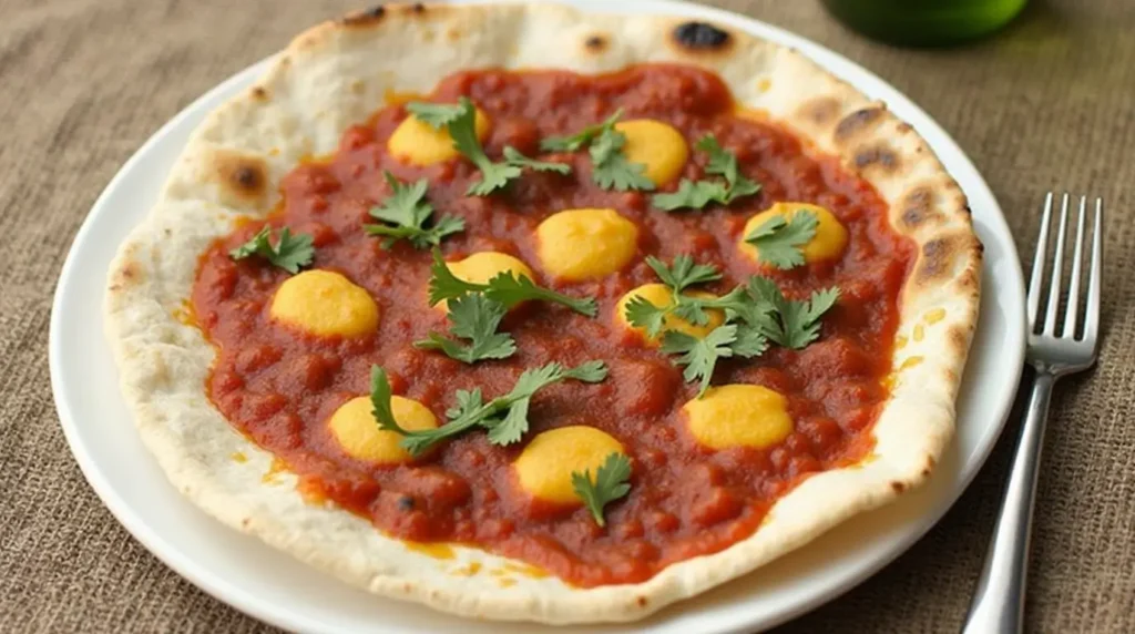  A flatbread topped with rich tomato sauce, dollops of yellow cheese, and garnished with fresh cilantro leaves