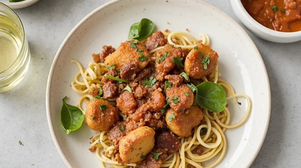 A plate of spaghetti topped with hearty meat sauce and golden-brown seared scallops, garnished with fresh herbs and spinach leaves