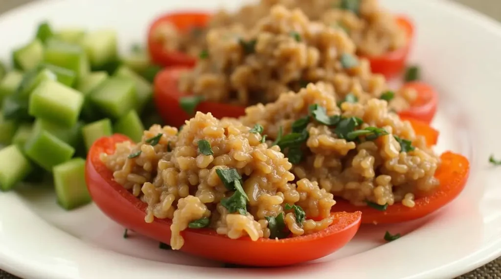 Stuffed red bell peppers filled with savory rice and garnished with parsley, served with diced cucumbers on a white plate