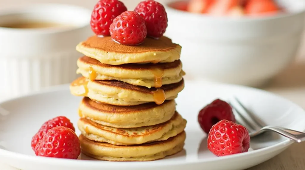 A stack of golden pancakes topped with fresh raspberries and drizzled with syrup, served on a white plate with additional raspberries and a fork