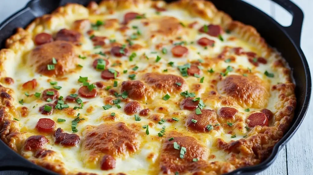 Golden-brown breakfast pizza topped with melted cheese, sliced sausage, and fresh herbs in a cast iron skillet
