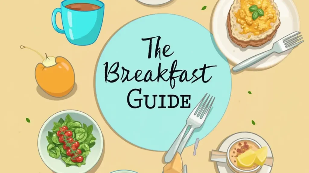 A visually appealing breakfast spread featuring coffee, toast with scrambled eggs, a fresh salad, an orange, and a bowl of cereal with lemon slices, centered around the text "The Breakfast Guide