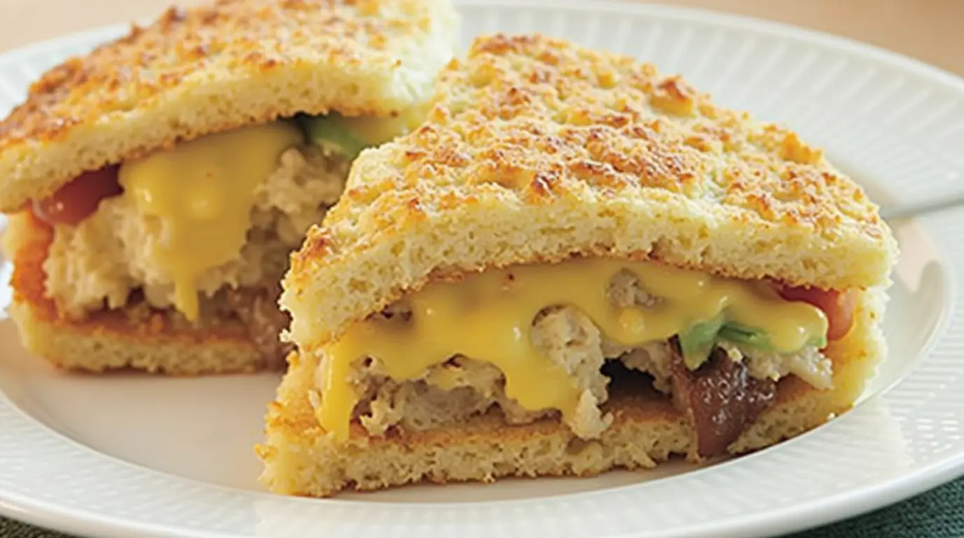 Crispy Toasted sandwich with melted cheese, chicken filling, and vegetables served on a white plate