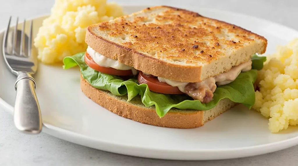 Grilled sandwich with lettuce, tomato, and creamy filling served on a plate with mashed potatoes on the side