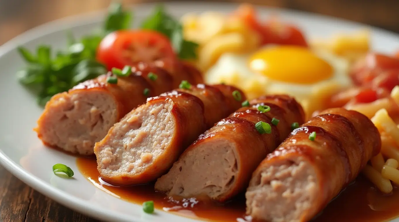 Sliced turkey sausages drizzled with sauce, garnished with green onions, served alongside sunny-side-up eggs, fresh vegetables, and pasta