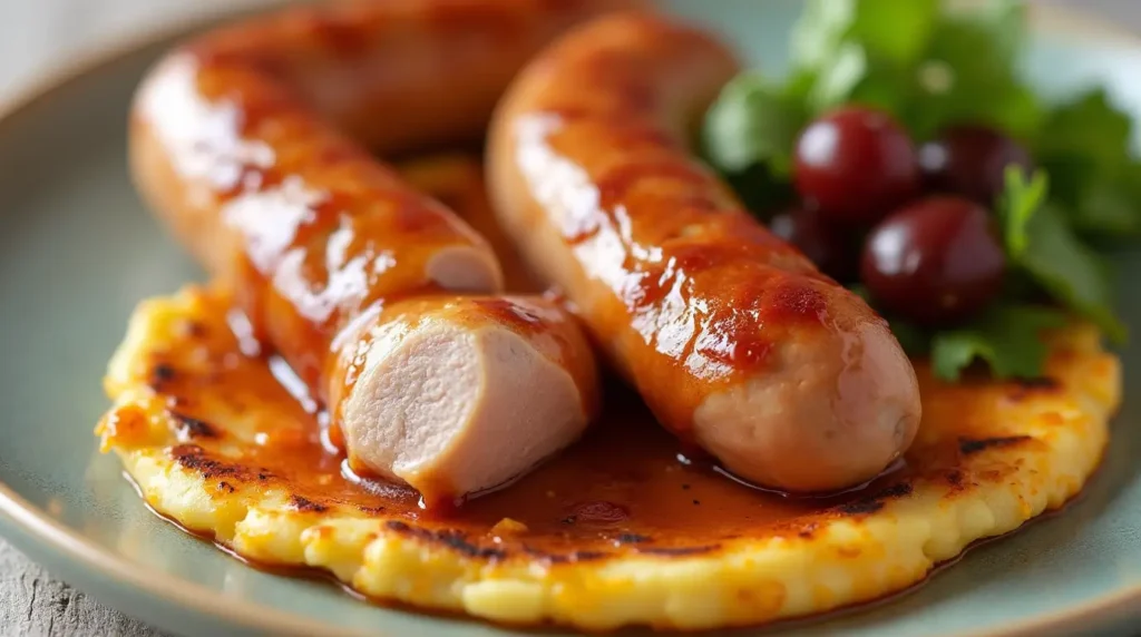 Two golden turkey sausages glazed with sauce on a creamy potato mash, served with fresh greens and grapes on the side