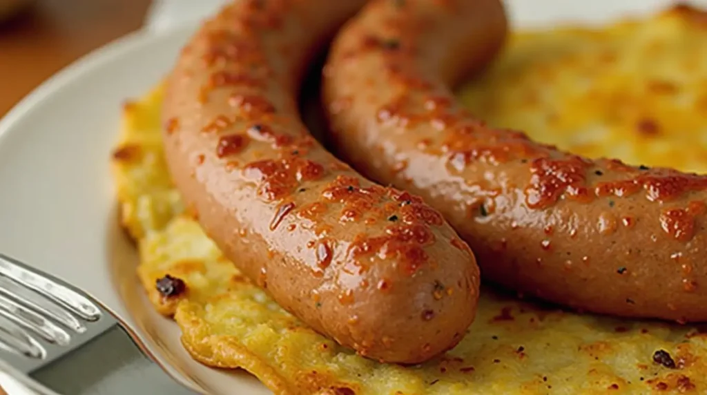 Two golden-brown turkey breakfast sausages served on a crispy potato pancake, with a fork placed to the side