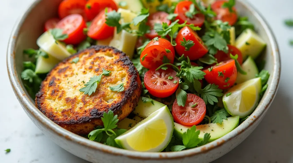 A bowl filled with a crispy golden patty, cherry tomatoes, cucumber slices, lime wedges, and fresh parsley, creating a colorful and nutritious meal