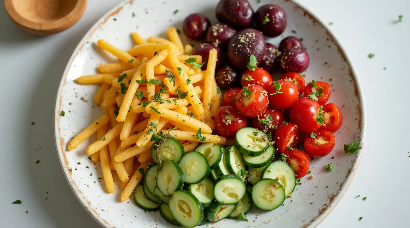 A plate of colorful food including golden French fries, sliced cucumbers, cherry tomatoes, and whole purple plums, garnished with fresh herbs