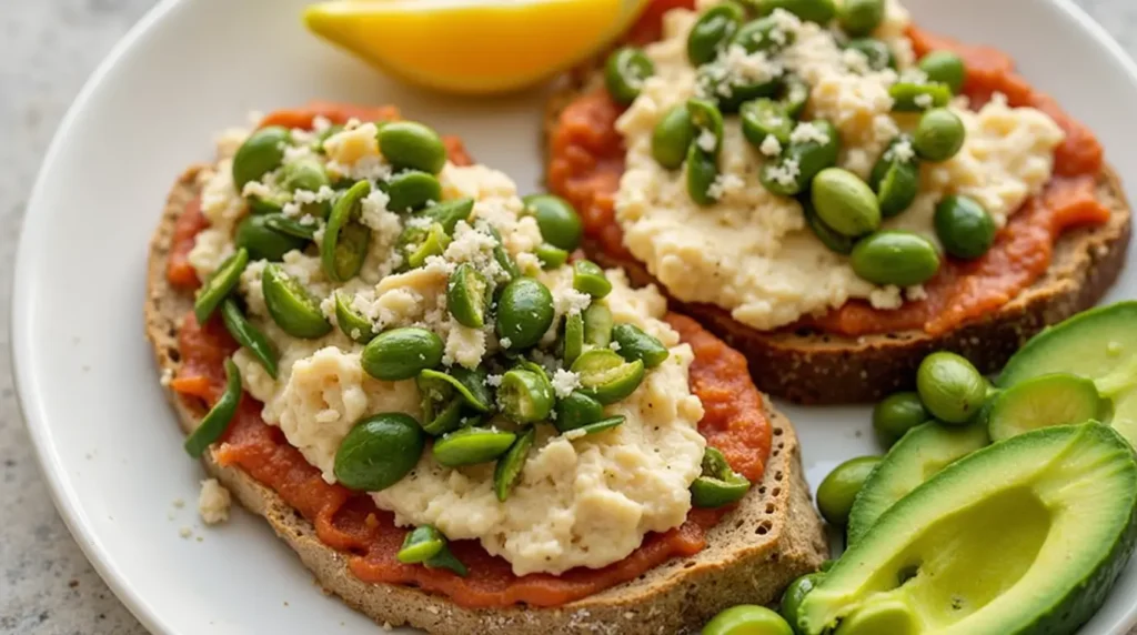 Two slices of toasted bread topped with tomato sauce, creamy hummus, fresh green beans, and grated cheese, served with sliced avocado and a lemon wedge on the side