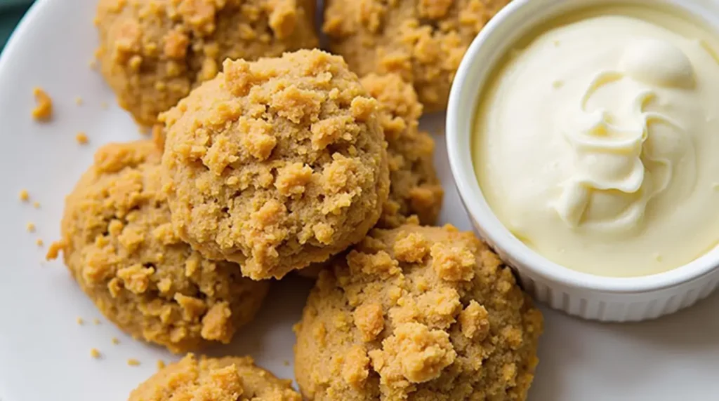 Wheat-free biscuit bites served with a creamy dipping sauce in a white ramekin