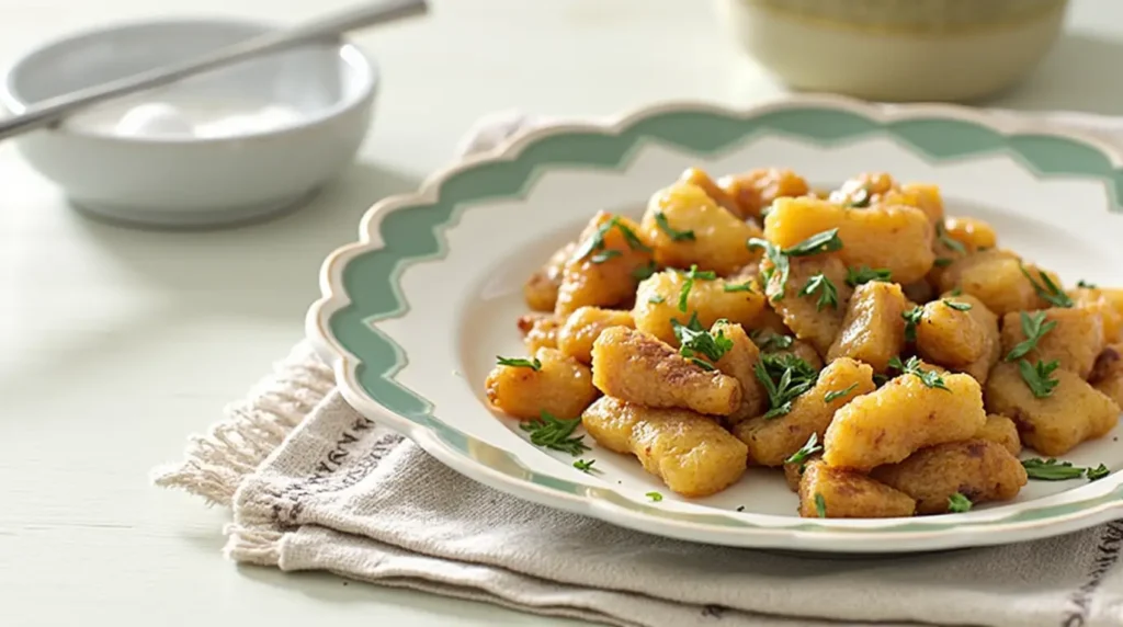 Pan-fried wheat-free gnocchi garnished with fresh parsley, served on a patterned plate with a light background