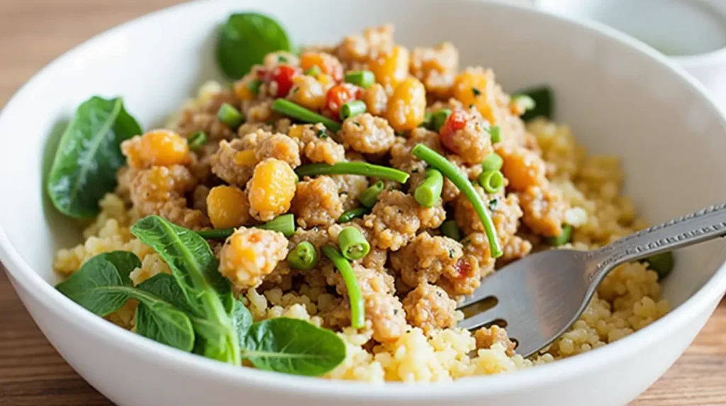 Bowl of couscous with ground meat, vegetables, and spinach, served with a fork