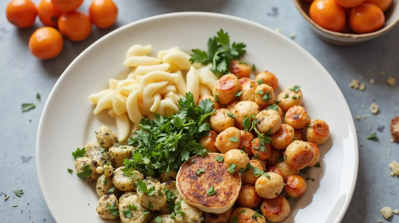 Plate of gnocchi served with parsley, roasted vegetables, and pasta, surrounded by fresh cherry tomatoes