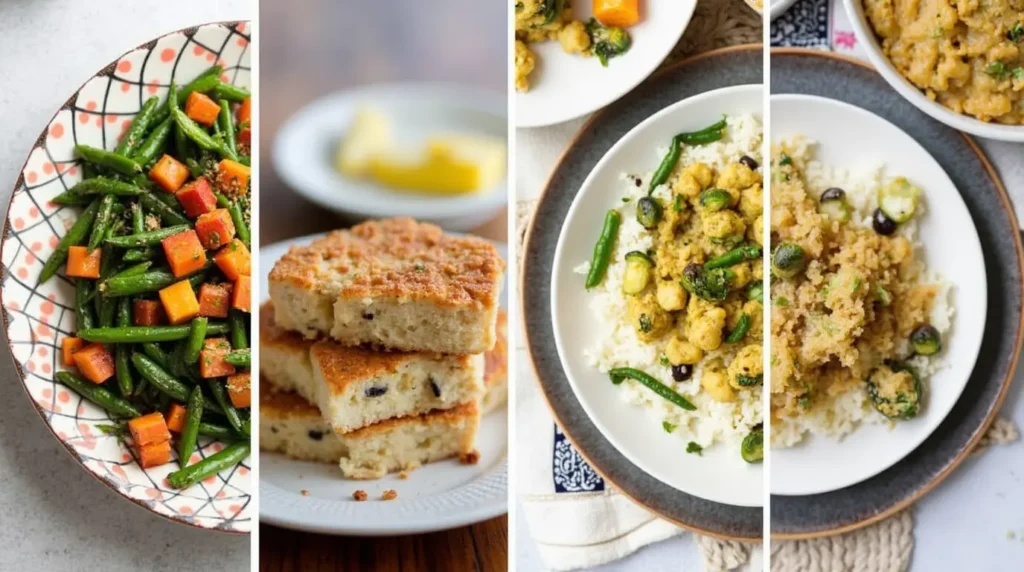 Collage of winter lunch dishes: sautéed green beans with sweet potatoes, slices of focaccia bread, and rice bowls with vegetables and chickpeas