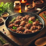 A cast-iron skillet filled with sizzling, browned ground sausage, garnished with fresh herbs, on a rustic wooden kitchen counter with spices, tomatoes, garlic, and cooking utensils.