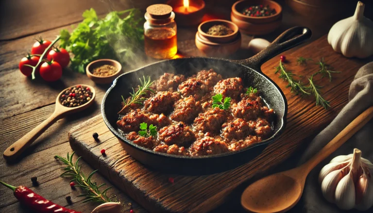 A cast-iron skillet filled with sizzling, browned ground sausage, garnished with fresh herbs, on a rustic wooden kitchen counter with spices, tomatoes, garlic, and cooking utensils.