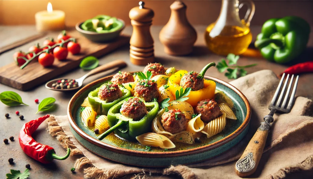 A beautifully plated dish featuring pasta, stuffed bell peppers, and meatballs, garnished with fresh herbs, surrounded by rustic kitchen elements like spices, tomatoes, and olive oil