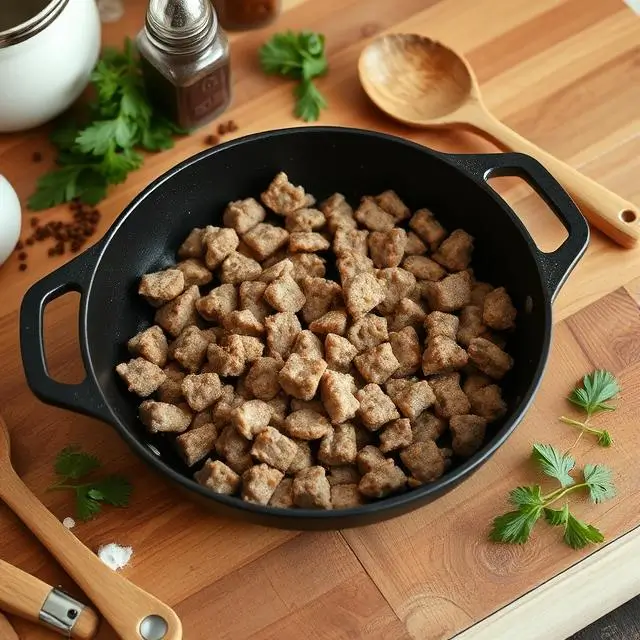 A black cast-iron pot filled with small, browned meat pieces on a wooden kitchen countertop, surrounded by fresh parsley, spices, and wooden utensils