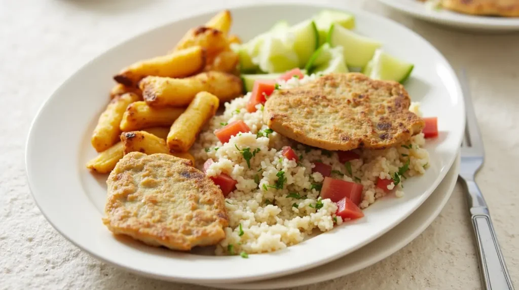 A plate of crispy golden patties served with couscous, diced tomatoes, roasted potatoes, and fresh cucumber slices.