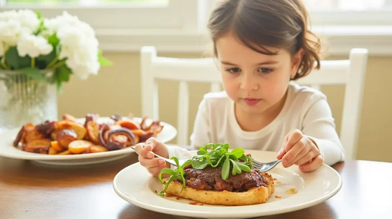 A young child in a white shirt sitting at a table, carefully picking at a meal with fresh greens on top, with a plate of roasted vegetables in the background.