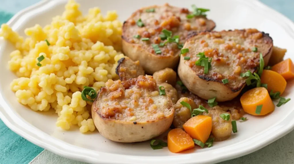 A plate of golden couscous served with stuffed and grilled mushrooms, garnished with fresh herbs and accompanied by tender carrots for 30-minute dinner recipes