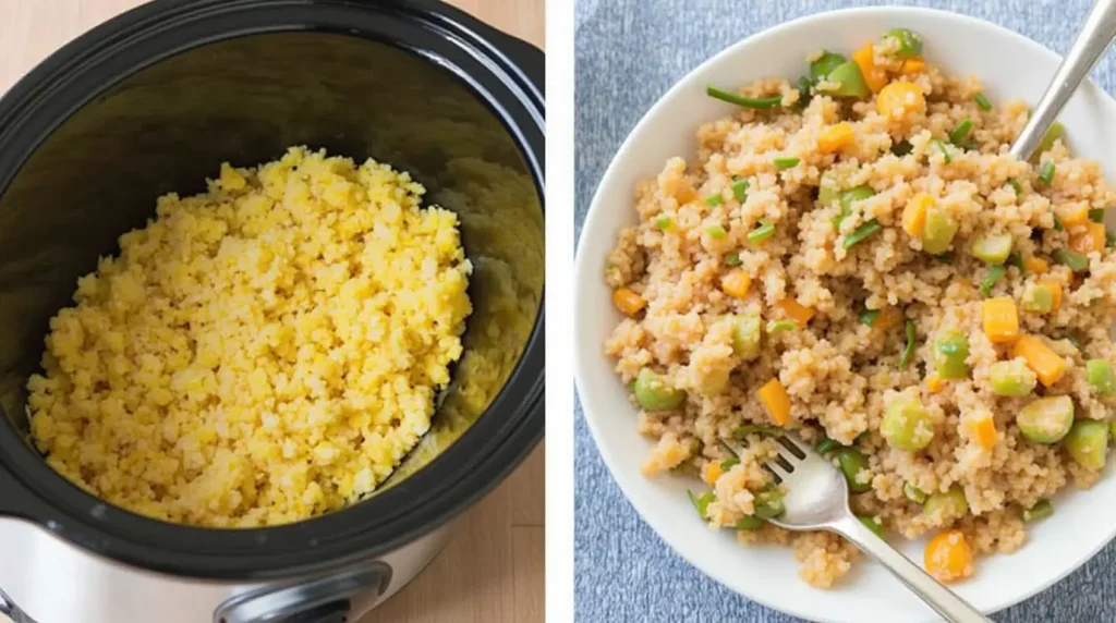 A crockpot filled with fluffy cooked couscous and a plate of vegetable couscous garnished with fresh herbs