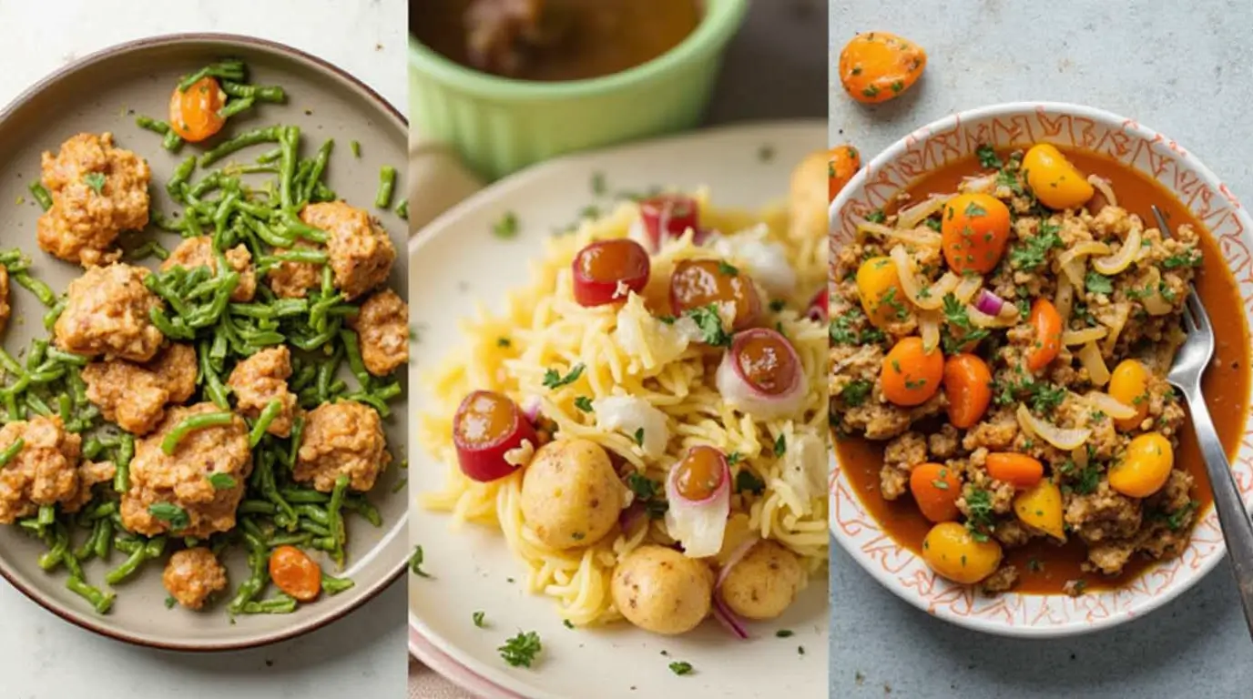 A collage of three healthy lunch crock meals featuring a variety of proteins, vegetables, and grains, garnished with fresh herbs