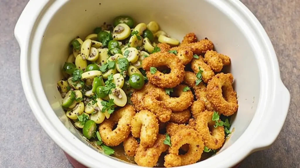 A crockpot filled with crispy breaded calamari and a mix of green and white beans, garnished with fresh herbs.