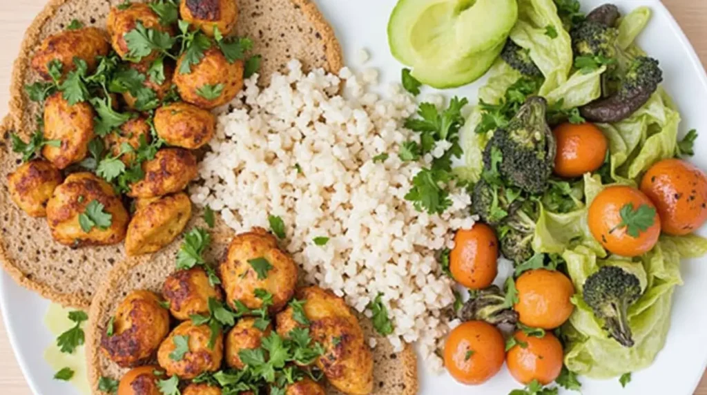 A plate of high-protein, low-carb food featuring grilled spiced chicken, cauliflower rice, whole-grain bread, and a fresh green salad with cherry tomatoes and avocado