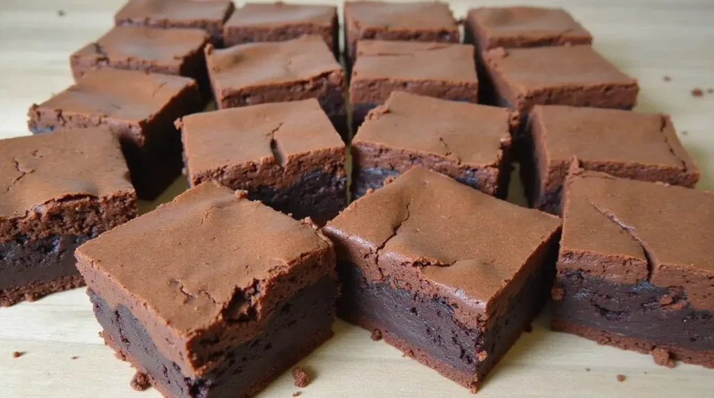 Classic fudgy chocolate brownies with a crackly top, freshly cut into squares and arranged on a wooden surface.