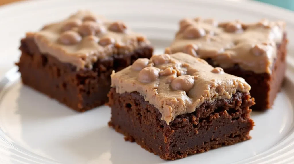 Delicious Lunch Lady Brownies topped with creamy chocolate frosting and chocolate chips, served on a white plate.