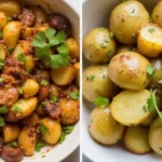 A delicious serving of one-pan Mexican potatoes with crispy edges, garnished with fresh cilantro, and coated in a flavorful seasoning