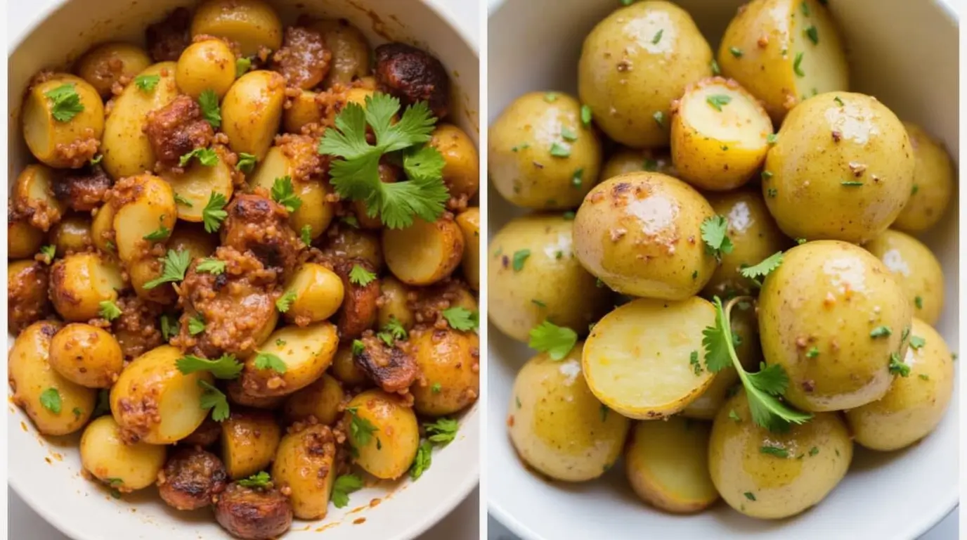 A delicious serving of one-pan Mexican potatoes with crispy edges, garnished with fresh cilantro, and coated in a flavorful seasoning