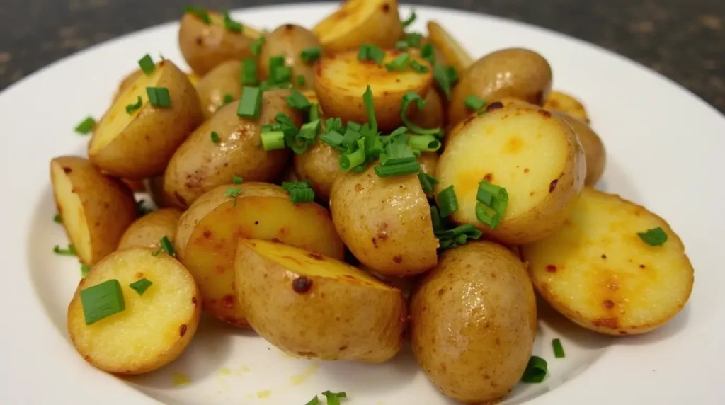 A plate of golden-brown roasted baby potatoes garnished with fresh chopped green onions, served on a white dish.