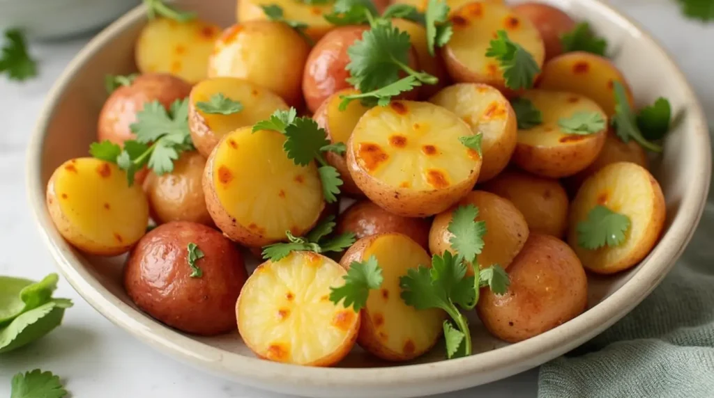 A bowl of golden-brown, roasted Mexican-style potatoes garnished with fresh cilantro, served on a light-colored plate