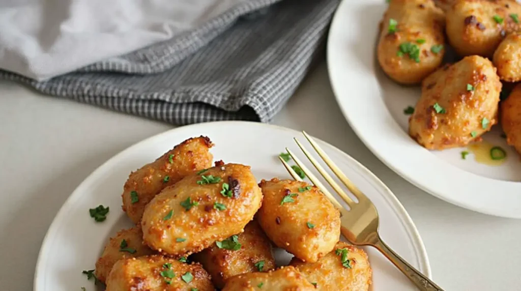 A plate of golden-brown, crispy potato bites garnished with fresh parsley, served with a fork on a white plate. Another plate with more bites is visible in the background.