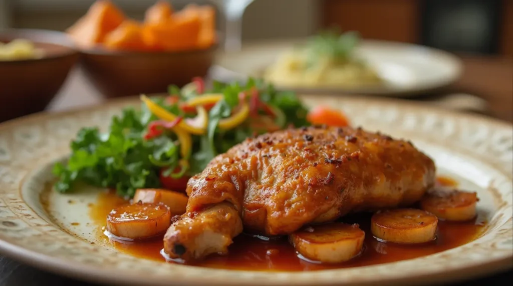 A beautifully plated roasted chicken leg with a rich, savory sauce, accompanied by sautéed potatoes and a fresh salad.