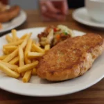 A plate of crispy golden-brown battered fish with a side of French fries and vegetables, served on a wooden table with cutlery and a cup of tea in the background