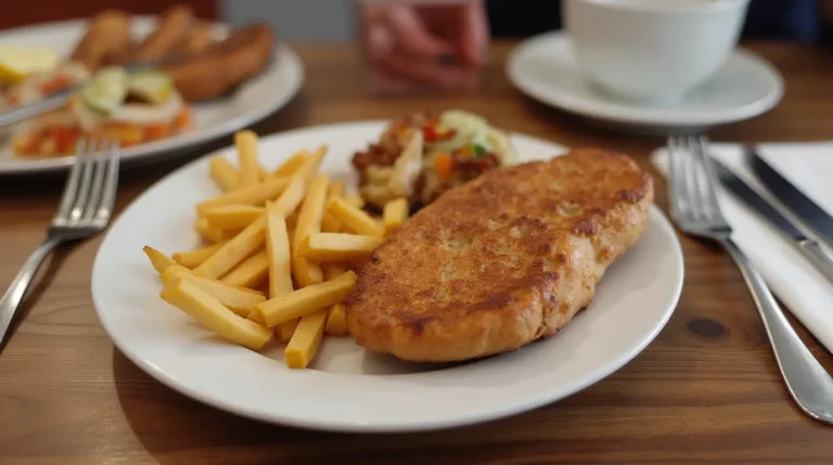 A plate of crispy golden-brown battered fish with a side of French fries and vegetables, served on a wooden table with cutlery and a cup of tea in the background